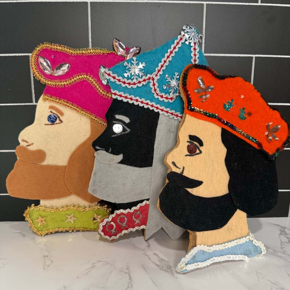 Vtg 1970s Sequin Felt Three Wise Men Wood Wall Decor Set